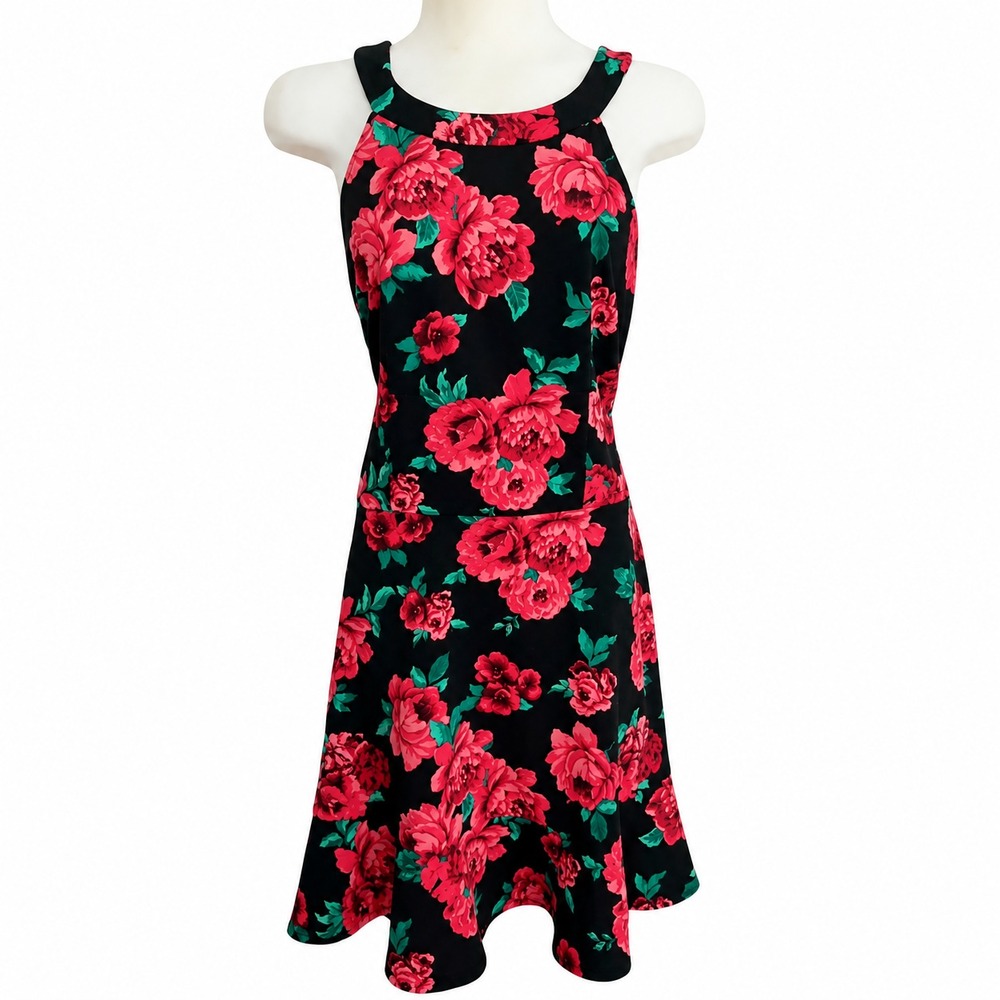 BCX Rose Print Halter Neck Party Dress Juniors Size 13 Mini Flair Vibrant